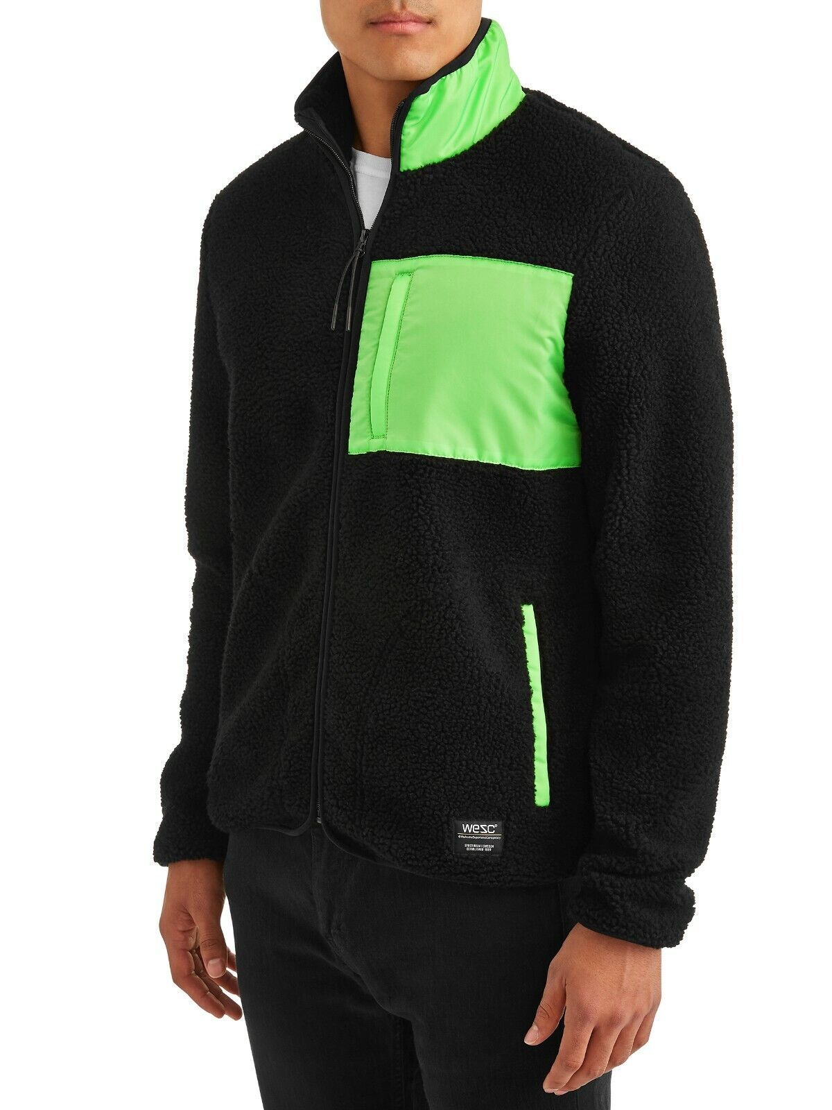 WeSC Moritz Mixed-Media Sherpa Slim Fit Fleece Jacket Black Neon Green-Size Sm Item image 4