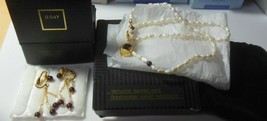 Vintage AVON Genuine Garnet &amp; Freshwater Pearl Necklace &amp; Clip Earring Set - $39.60