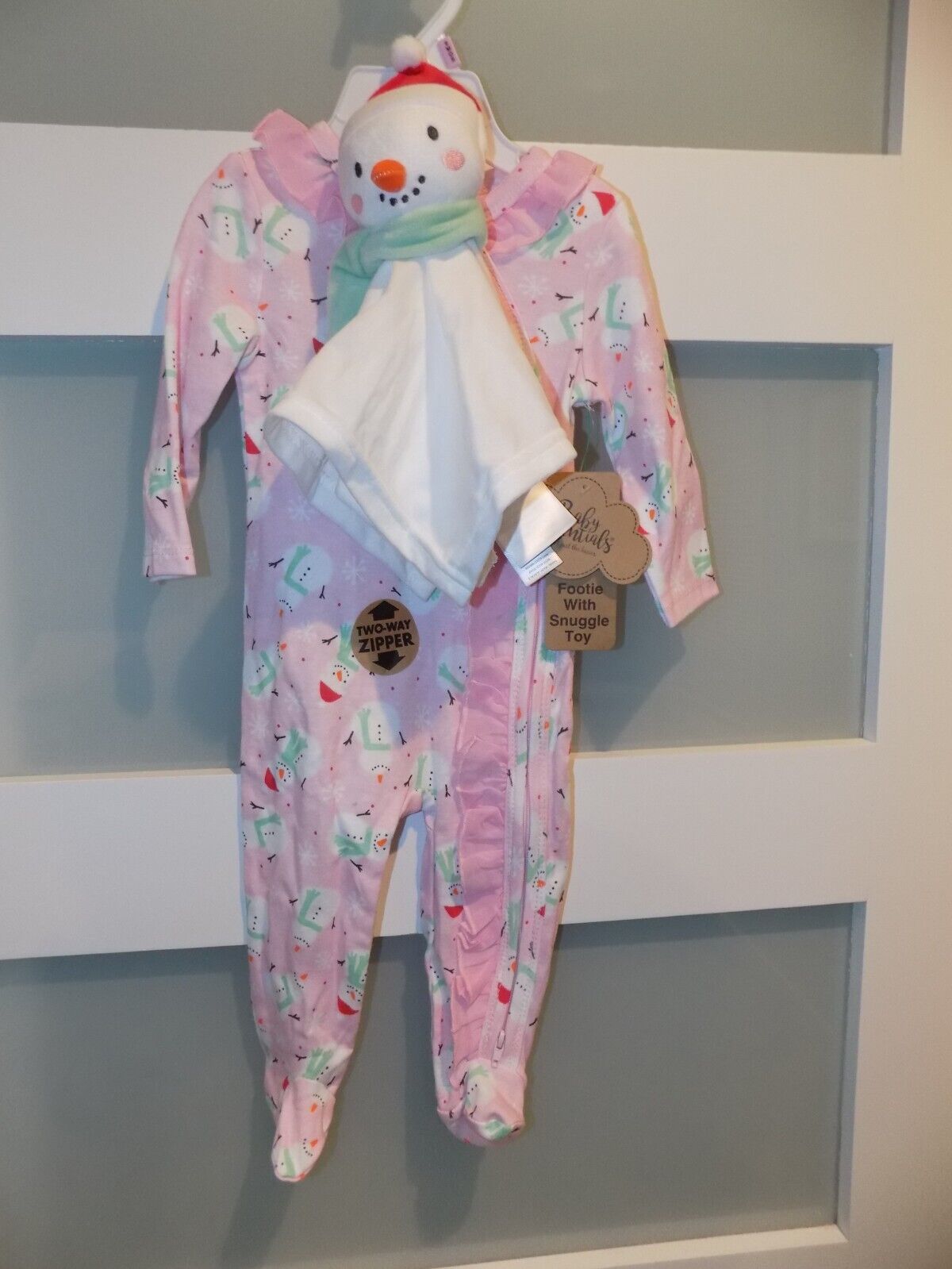 Baby Essentials Pink Ruffle Snowman Print W/Snuggle Toy Footie Size 9 Mo... - $17.29
