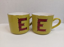 Pair Lot Of 2 Opal House Yellow Ceramic Mugs Coffee Tea Red &quot;E&quot; Initial Ribbed - £14.92 GBP
