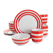 Gibson Home Sunset Stripes 12 Piece Round Fine Ceramic Dinnerware Set in Red - £81.98 GBP