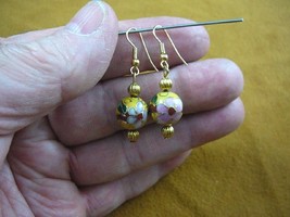 (ee613-1) 12 mm Yellow pink white flower CLOISONNE bead gold dangle EARRINGS - £12.69 GBP