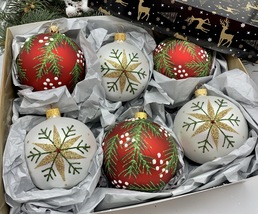 Set of red and white Christmas glass balls, hand painted ornaments with box - $71.25
