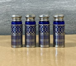 Vtg Antique  Silver Plated &amp; Blue Cobalt Glass Salt &amp; Pepper Set of 4 Sh... - $59.99