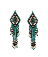 Beaded Aztec Pattern Tassel Drop Earrings Teal Black Brown Handmade - £11.85 GBP