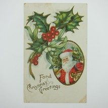 Christmas Postcard Santa Bag Toys Tree Snow Holly Berries Embossed Antiq... - $19.99
