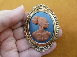 (CA20-75) RARE African American LADY blue + brown CAMEO oval brass Pin Pendant - £26.89 GBP