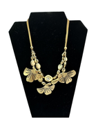 C 1946 Signed Gold Tone Gingko Leaves and Round Beads Necklace Leather Cord - $16.51