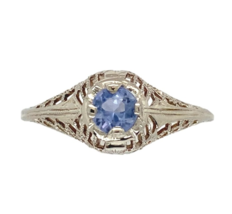 Art Deco 14k White Gold Filigree .29ct Sky Blue Genuine Sapphire Ring (#... - €443,43 EUR