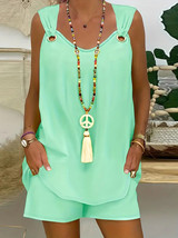 Solid Two-piece Set, V Neck Sleeveless Tank Top &amp; Shorts Outfits For Summer - £23.88 GBP