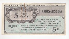 USA, Serie MPC 461, 5 Cents, Certificato Di Pagamento Militare, PM1, XF,... - $23.52