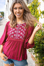 Cranberry Boho Crochet Lace Eyelet Swiss Dot Top - £20.44 GBP