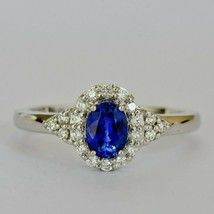 0.85Ct Oval-Cut Blue Sapphire &amp; Diamond Engagement Ring 14K White Gold Finish - £75.47 GBP