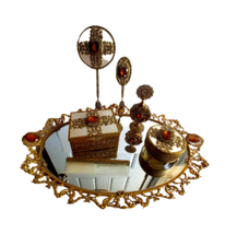 Antique Art Nouveau 7 Pc Gold Gilt Dresser Vanity Set ~ Brush Mirror Perfume etc - £770.57 GBP