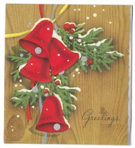 Vintage 1940s Wwii Era Christmas Greeting Holiday Card Red Bells Snowy Pine - £11.59 GBP