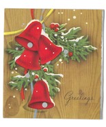 VINTAGE 1940s WWII ERA Christmas Greeting Holiday Card RED BELLS Snowy Pine - £11.62 GBP