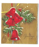 VINTAGE 1940s WWII ERA Christmas Greeting Holiday Card RED BELLS Snowy Pine - $14.83