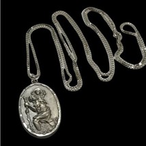 Antique Sterling Silver Saint Cheistopher Medal With Long Chain 28” 15.6... - £100.16 GBP