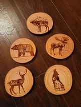 Scenes inside Animals Deer Laser Engraved Wood 5pc Coaster Set Rustic Wood Slice - £19.98 GBP