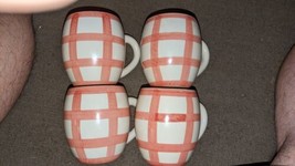Von Pok &amp; Chang Gingham White And Pink Plaid Ceramic 4.75&quot; Mugs Set 4 - £38.93 GBP