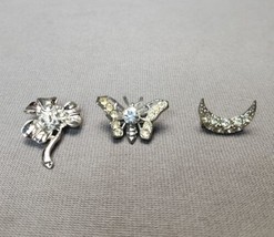 Vintage Silver-tone Rhinestone Lapel Pins Lot (3) Brooches Butterfly Moon Flower - £17.27 GBP