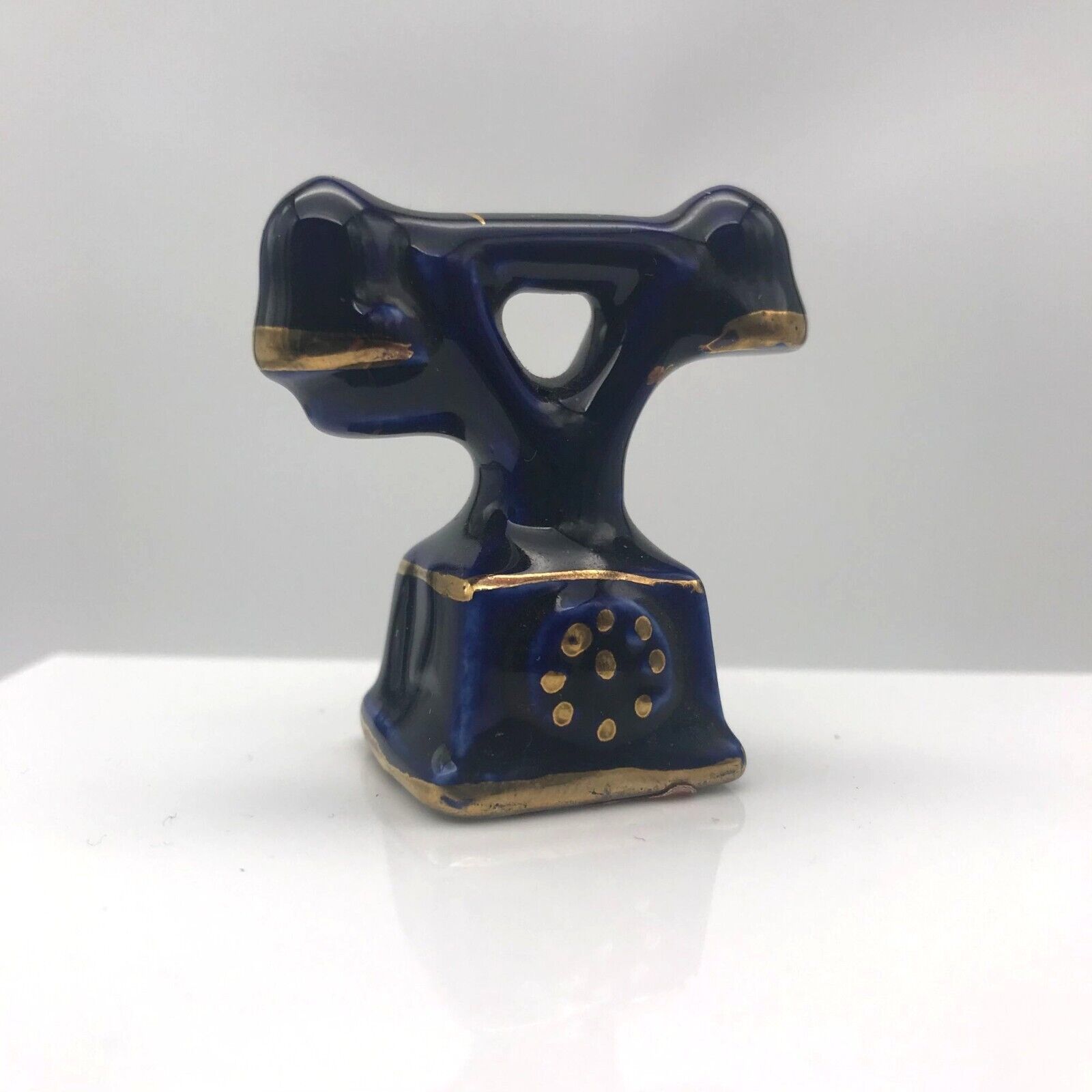 Primary image for Enesco Miniature Bone China Telephone, Vintage Cobalt Blue Cradle Phone Gilded