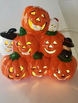 Ceramic Light Up Halloween Fall Decor Jack-O-Lantern Stack Pumpkin w Witch Ghost - £52.20 GBP
