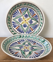 Pair Vtg Russian Terra Cotta Ceramic Floral Painted Plates Bowls Dishes ... - £47.17 GBP
