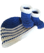 Newborn Booties and Striped Hat set in Blue White - £18.68 GBP