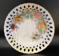 Hand Painted Reticulated Bowl Red Gold Roses Signed Porcelain - £15.56 GBP