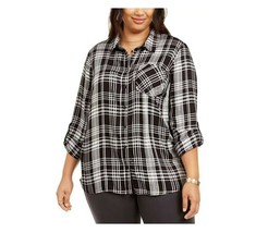 Style &amp; Co Womens Plus 3X Black Plaid Roll tab Sleeve Button Up Shirt NWT D66 - £21.92 GBP