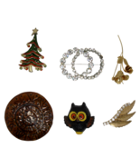 Lot of 6 Assorted Brooches Owl Flower Christmas Tree Leaf Rhinestone Rings - £14.91 GBP