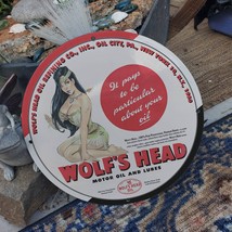 Vintage 1950 Wolf&#39;s Head Motor Oil And Lubes Porcelain Gas &amp; Oil Pump Sign - $125.00