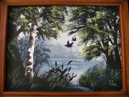 Vintage Lake with Landing Birds Oil in Canvas Painting by Cindy J Silva - £54.88 GBP