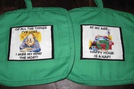 2 Dark Green Potholders with cute sayings on both sides - £11.40 GBP