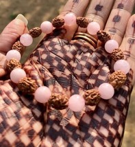 Natural RUDRAKSHA Rudraksh 3 mukhi + Rose Quartz Bracelet Adjustable Unisex - £14.12 GBP