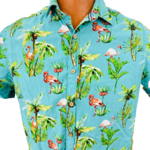 Denim Flower Aloha Hawaiian M Shirt Flamingos Coconut Palm Trees Palmetto - £39.95 GBP