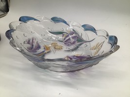 Large Scalloped Glass Bowl with Angelfish Motif – Clear with Purple &amp; Bl... - $14.85