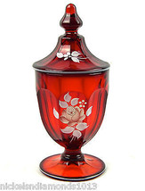 Vintage 1979 Apothecary Jar Ruby Red Glass Lidded Hand Pianted Signed 7.5&quot; Tall - £25.25 GBP