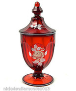 Vintage 1979 Apothecary Jar Ruby Red Glass Lidded Hand Pianted Signed 7.... - £24.88 GBP