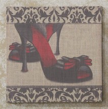 Stiletto Shoe Stretched Linen Print Wall Plaque 15.7" x 15.7" Vintage Look Bow - $14.84