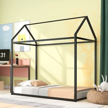 Merax Toddler Montessori Floor Bed Twin, Metal House Bed For Boys, Black). - £186.79 GBP