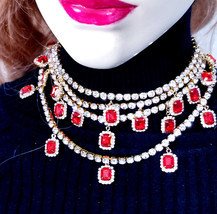 Iced Out Bling, Red Rhinestone Necklace, Hip Hop Style Jewelry - £47.94 GBP