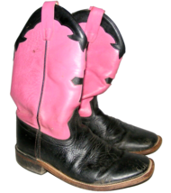 Old West Size 6 Black Pink Leather Square Toe Western Cowgirl Boots Shoes - £16.40 GBP