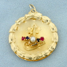Christmas Tree and Sled Ruby, Sapphire, and Pearl Pendant in 14K Yellow ... - £584.67 GBP