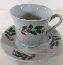 2- Cups &amp; 2 Saucers White Porcelain Set Green Holly Leaves Red Berries - $22.76
