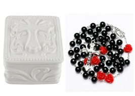 Porcelain Cross Rosary Box with Black and Red Rose Bead Rosary Catholic ... - £15.94 GBP