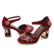 black flower Mary Jane crystal shoes wedding heels luxury red velvet women&#39;s sho - £76.97 GBP