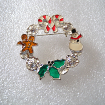 Silver Tone Christmas Holiday Wreath Pin Brooch Enamel Holly Snowman Candy Canes - £7.08 GBP