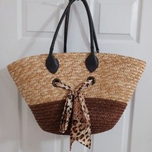 Beach Bag Straw Bag Weaved Basket Large Handbag Scarf Detail Two Toned - £13.97 GBP